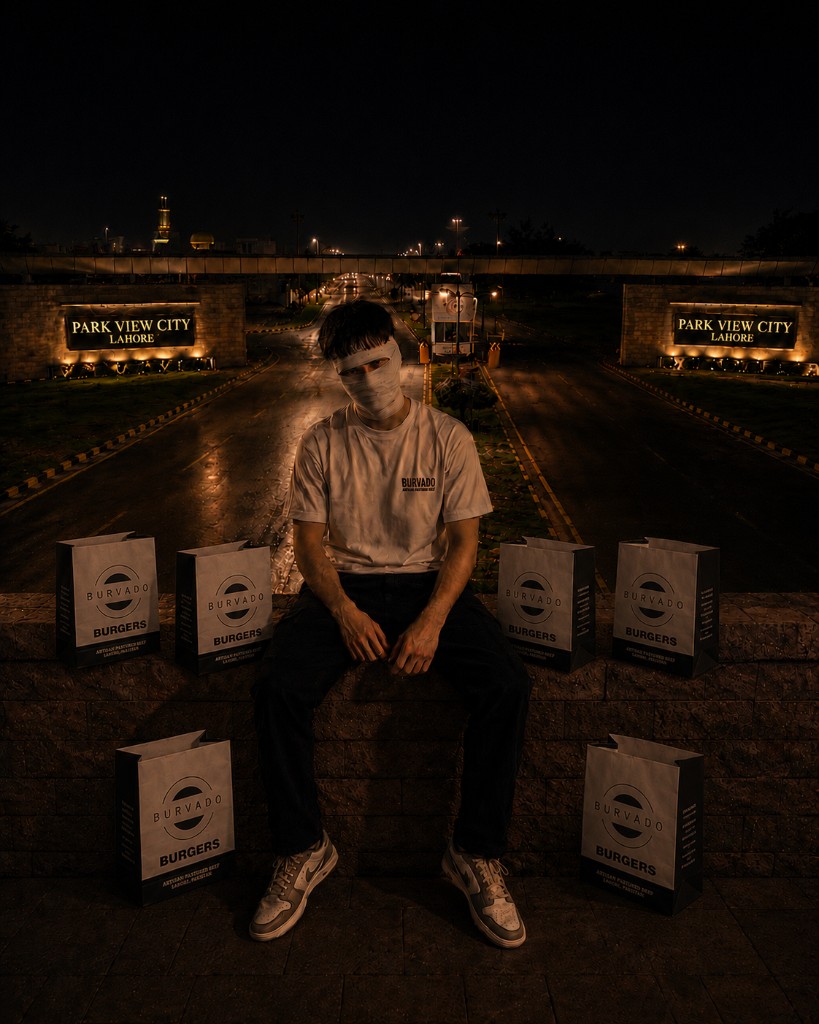 Burvado bags at the Park View City gate, Lahore, at night
